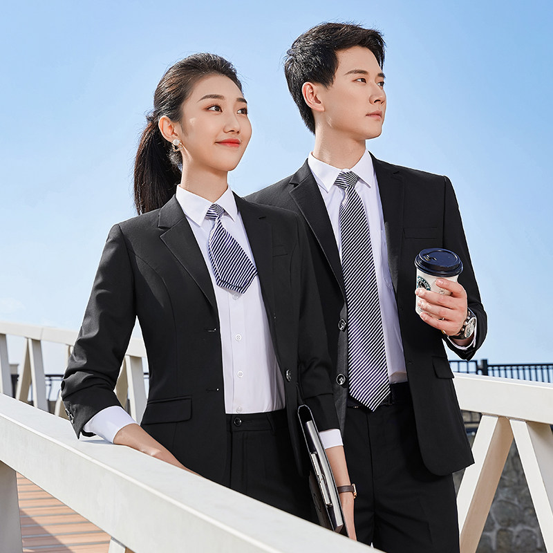 灰色商务职业男女同款西服三件套正装银行4S工作服销售楼春秋西装