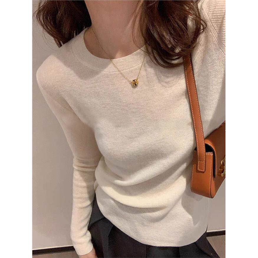 2025春季新品白色圆领针织毛衣女内搭打底衫长袖修身显瘦百搭上衣