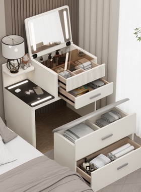 奶油风实木梳妆台床头柜一体小型翻盖组合艺品现代简约化妆桌