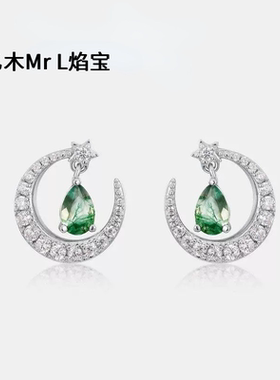 跨境热采个性月亮天然绿苔藓石耳钉女S925银满钻水草玛瑙耳饰时尚