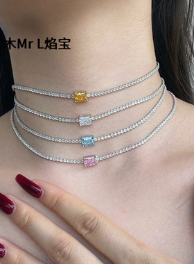 跨境S925纯银项链女欧美爆品网球链几何方糖彩色8A锆石颈项链银饰