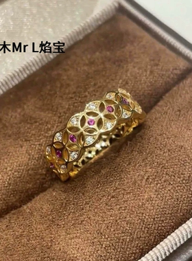 几何镂空镶钻戒指复古s925紫色锆石金币戒指新款时尚戒指