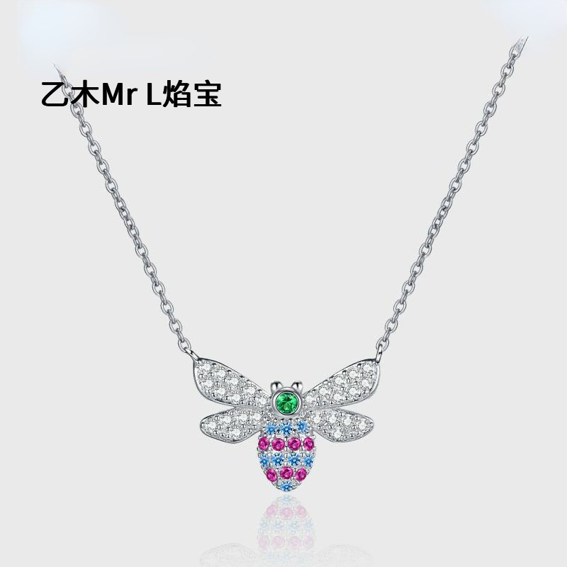 S925纯银小蜜蜂昆虫项链微镶嵌彩钻可爱蜜蜂锁骨链韩风新款女饰品