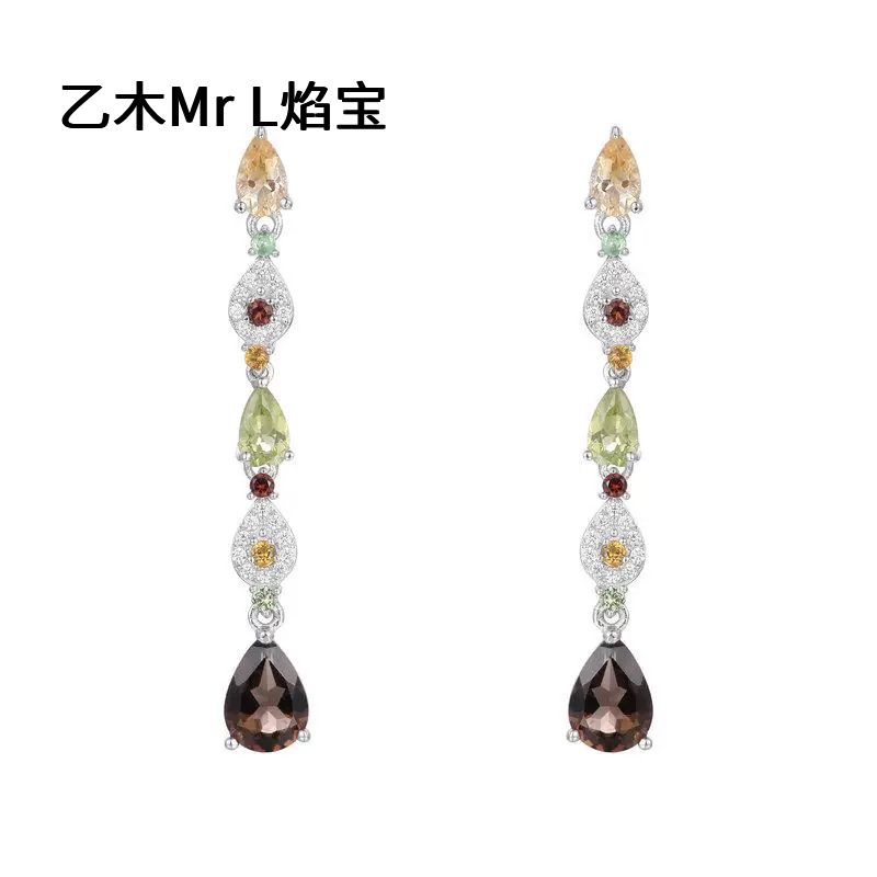 中长款彩色宝石耳环天然水晶橄榄石s925纯银耳针新款个性耳饰女