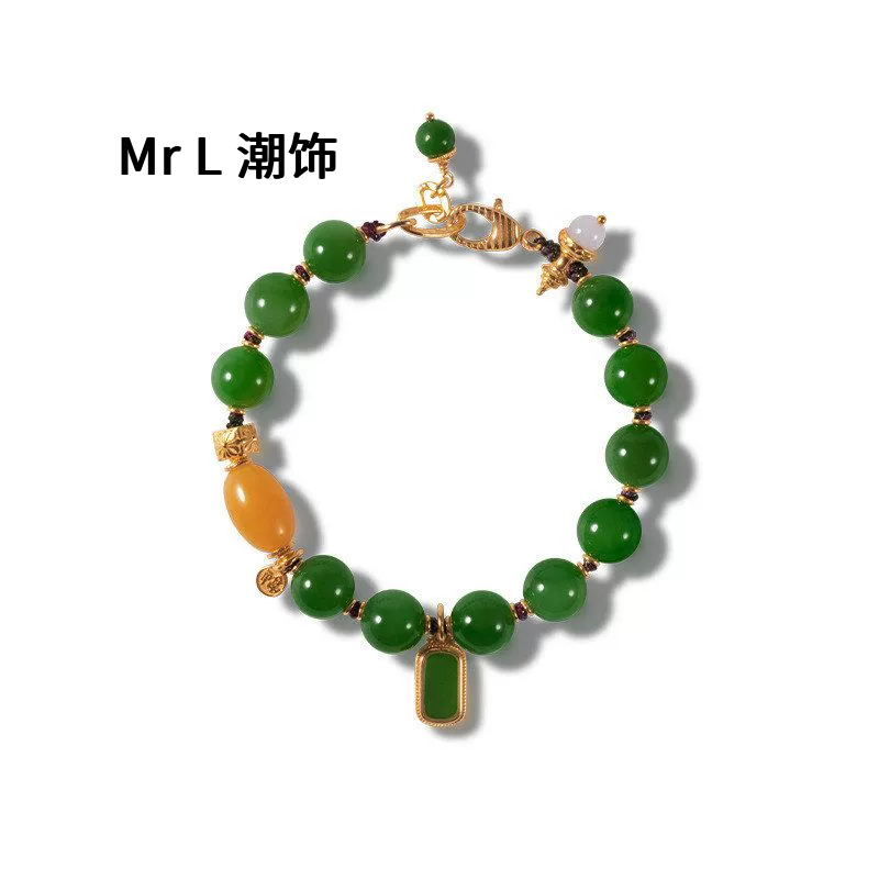 天然和田碧玉手链女款S925银镀18K金蜜蜡白翡翠圆珠手串2025新款