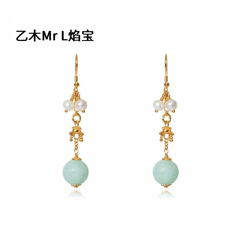 现货天然缅甸A货翡翠耳环女S925银镀18K金珍珠12mm回纹珠耳坠工厂