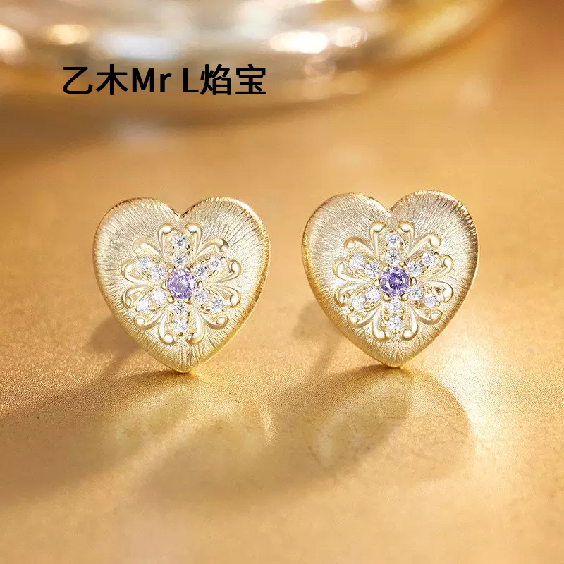 中古风爱心拉丝耳饰925纯银女生气质轻奢高级感耳环耳钉2026新款