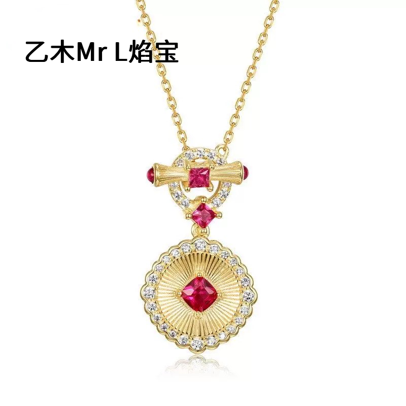 布契风手工拉丝工艺红刚玉吊坠锁骨链复古气质S925银项链跨境2026