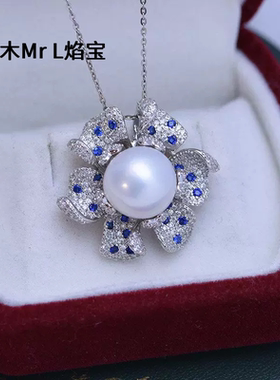 淡水11-12mm白色正圆强光细微瑕珍珠S925银色满镶锆石吊坠项链女