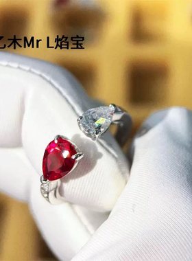 日韩风通勤款彩宝钻戒S925银双水滴仿真钻戒指人工红宝石高端戒饰