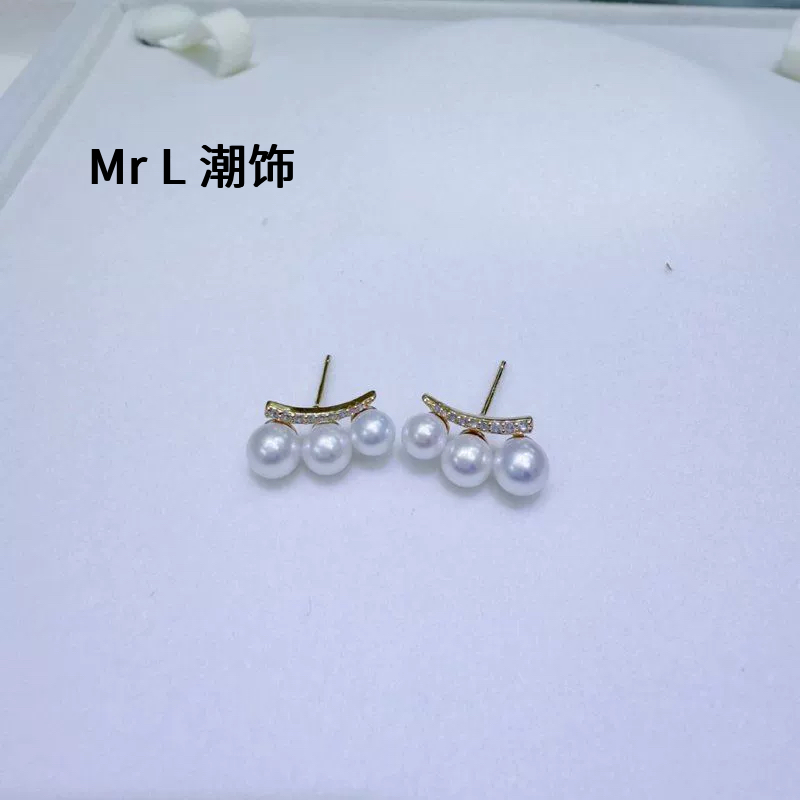 新品天然淡水珍珠耳钉4-6mm正圆无暇极光多珠纯银耳饰批发网红款