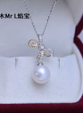 淡水10-11mm白色正圆强光细微瑕珍珠吊坠项链S925银蝴蝶结锁骨链