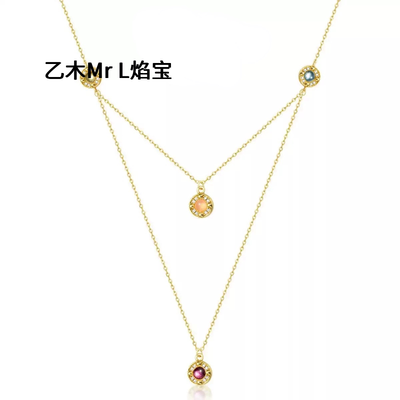 跨境新款S925银镀10K金双层锁骨链欧美复古彩色糖果宝石项链现货