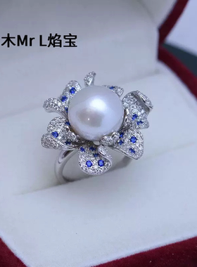 淡水12-13mm白色正圆强光细微瑕珍珠戒指S925银色满镶锆石款女戒