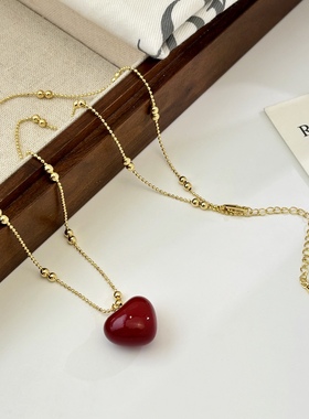 丽银秋冬素款金色满天星项链新款丽贝丽影通勤百搭红色爱心吊坠