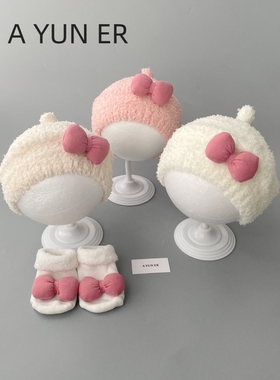 婴儿帽子秋冬洋气女童加厚毛绒贝雷帽保暖公主女宝宝毛线帽袜套装