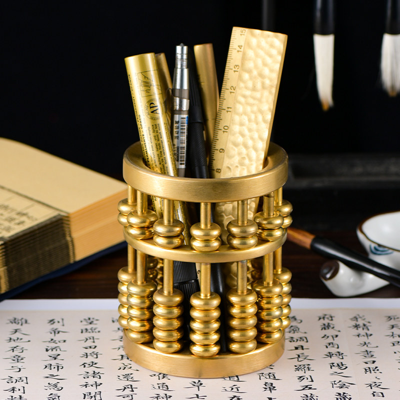 黄铜算盘笔筒高档金色桌面摆件图片