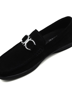 2024秋季新款翻毛皮豆豆鞋男纯色反绒牛皮男鞋透气软底潮鞋一脚蹬