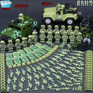 军事人仔猎豹丛林特种兵特警士兵小人吉普车悍马车载具拼装玩具