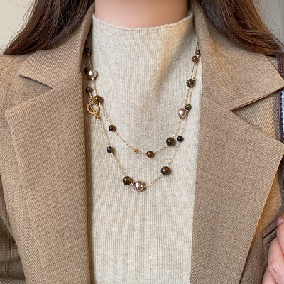 虎眼石珍珠叠戴项链女毛衣链配饰