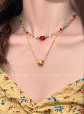 波西米亚新中式叠戴项链女锁骨链