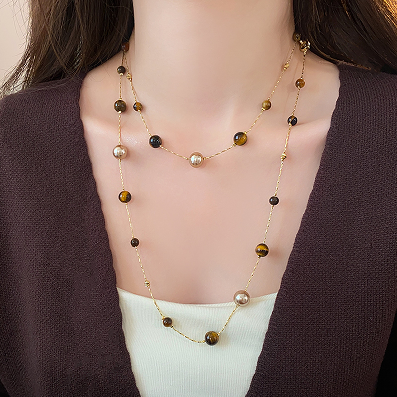 复古美拉德长款虎眼石项链女