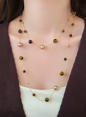 复古美拉德长款虎眼石项链女