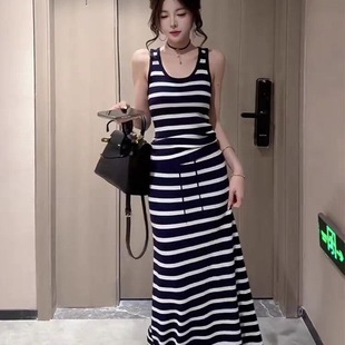 女条纹吊带背心高腰半身裙减龄韩版 2025夏季 套装 新款 两件套潮 时尚