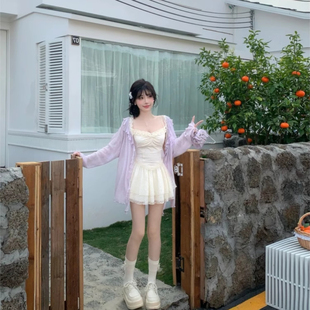 法式 外套裙子两件套 纯欲风蕾丝吊带连衣裙女2025夏季 甜美紫色开衫