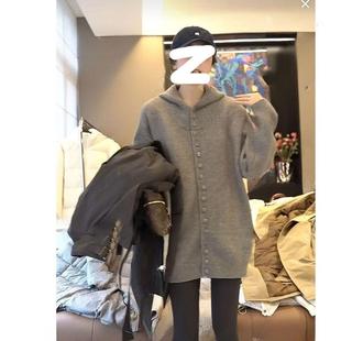 灰色连帽毛衣外套女秋冬慵懒风高级感宽松洋气中长款打底针织开衫