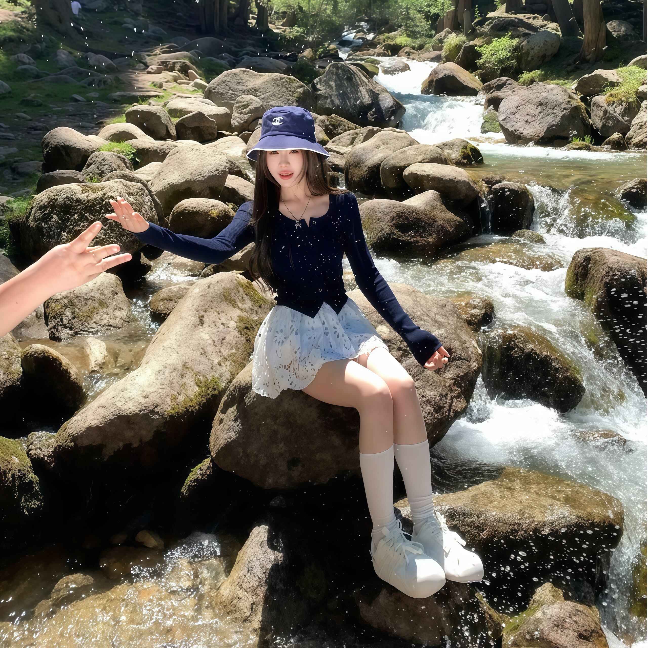 藏青色修身单排扣针织开衫+镂空蕾丝高腰短裙清新甜妹显瘦两件套