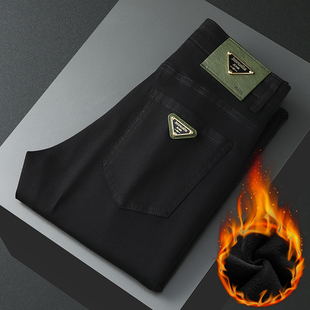 秋冬新款欧货轻奢男士加绒加厚黑色牛仔长裤弹力修身小直筒裤潮