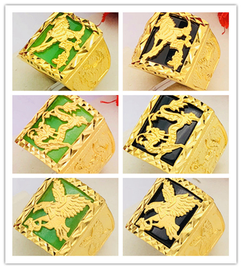 金店同款金镶玉沙金戒指男铜镀金镶玉假黄金复古龙马指环久不掉色