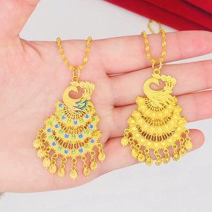 新款沙金凤凰孔雀项链铜镀金假黄金烤蓝朝阳烈火金雀结婚项坠长款