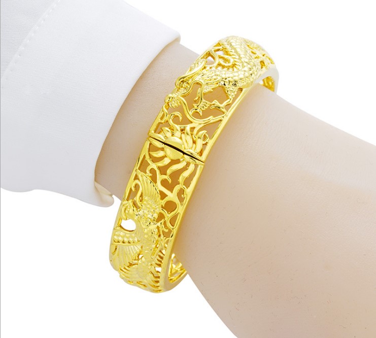 网红婚庆龙凤宽手镯子越南沙金五角硬币仿金镀黄金喜鹊新娘首饰品