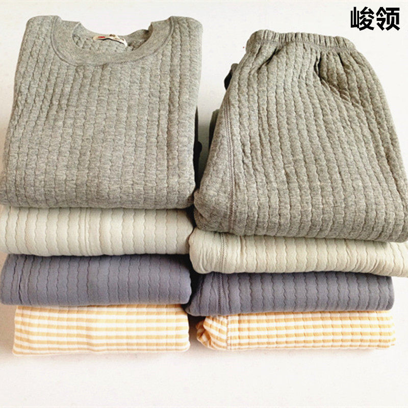 中老年保暖内衣套装峻领男纯棉三层空气层加肥秋衣保暖衣加厚包邮