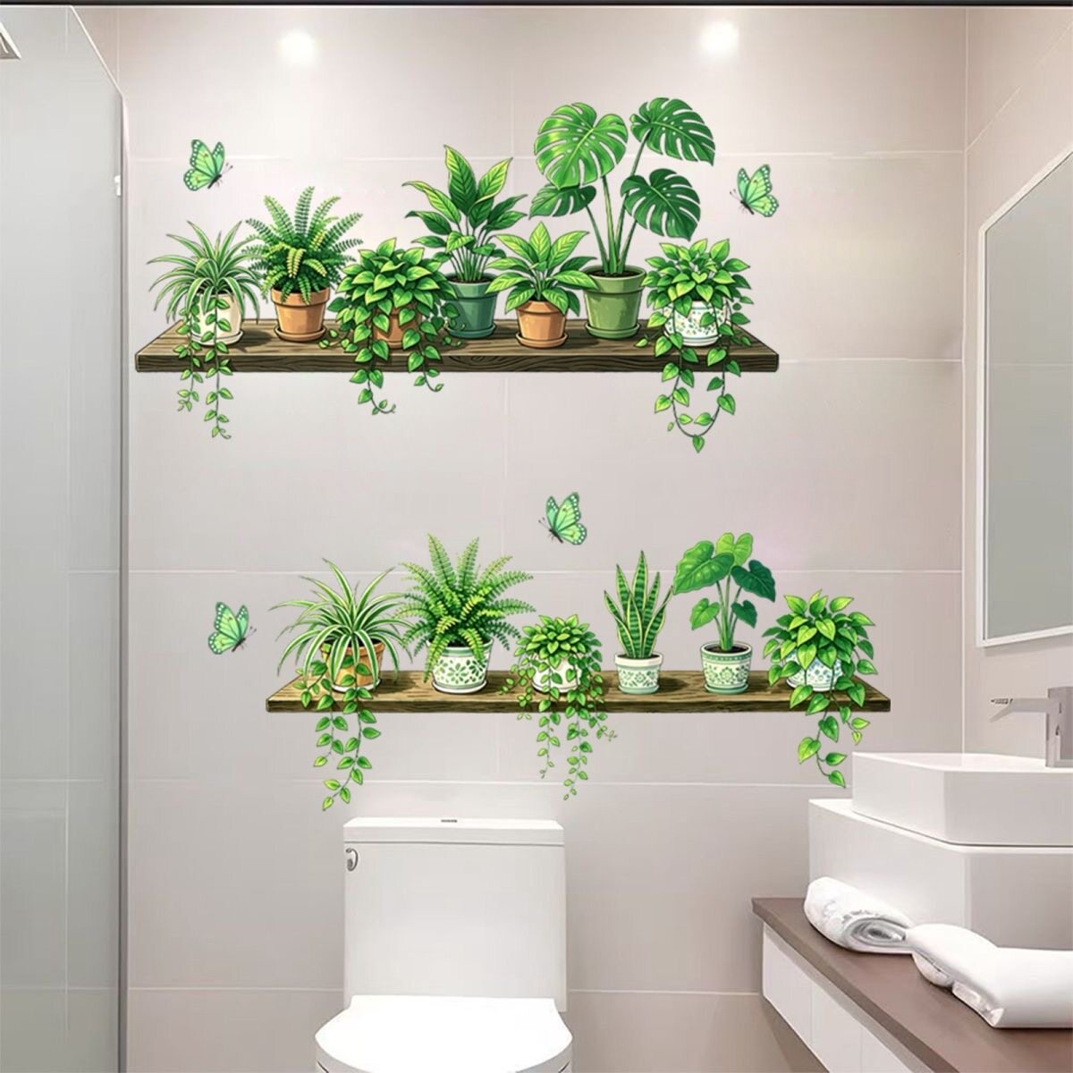清新绿植盆栽图案墙贴防水厕所贴画卫生间浴室瓷砖遮丑补洞自粘贴