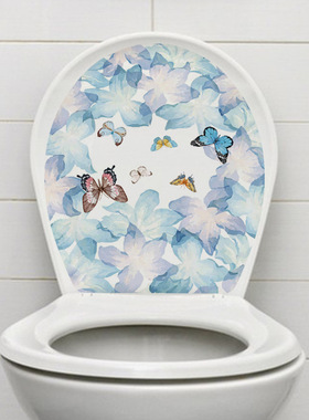 翻新蓝色花朵家用马桶盖贴纸厕所卫生间装饰防水墙贴装饰不覆盖
