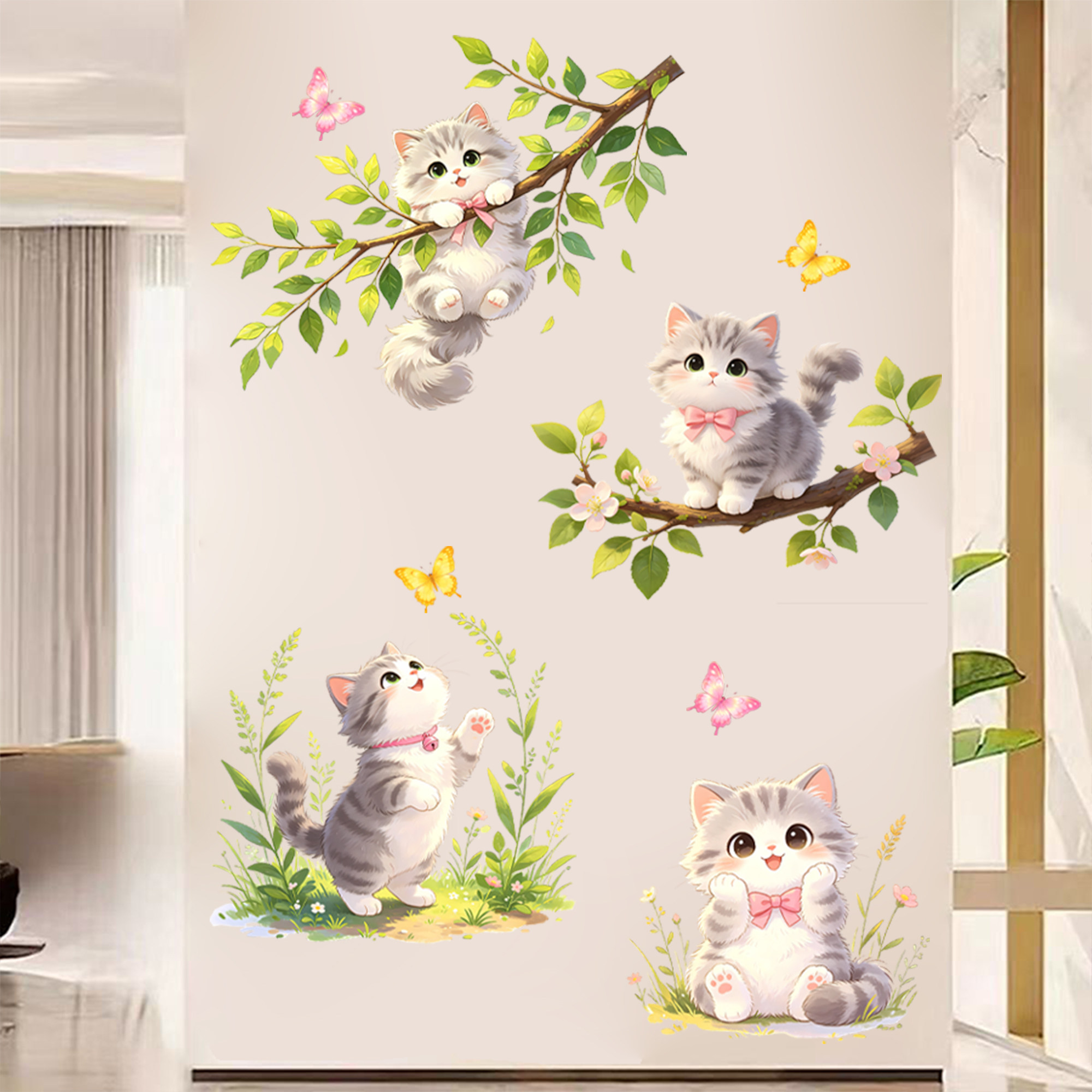 卡通可爱猫咪枝头绿叶墙壁贴纸自粘儿童房幼儿园墙面装饰画卧室