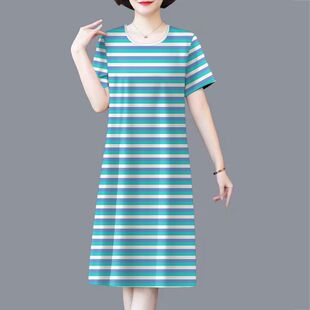 夏季妈妈装遮肚显瘦短袖A字裙女中年气质宽松圆领条纹百搭连衣裙