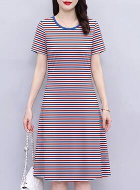 中年妈妈新款夏季宽松减龄连衣裙条纹圆领洋气休闲显瘦女装短袖裙