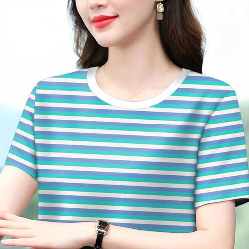 中老年女装新款夏季遮肚显瘦短袖T恤女大码减龄条纹圆领上衣女装