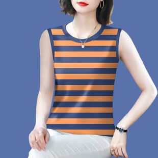 夏季遮肚子遮肉外穿气质大码条纹圆领无袖T恤吊带背心女上衣女装