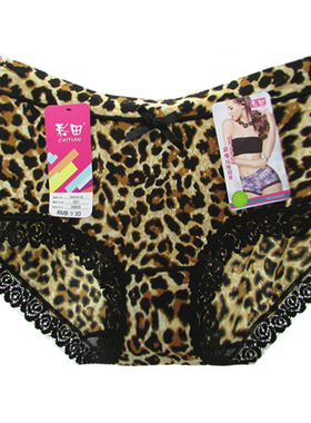 彩田内裤 女高腰石墨烯裆冰丝30606蕾丝性感豹纹中腰女士平角裤