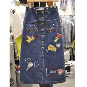 韩国东大门2019春秋新款韩版时尚印花牛仔裙女中长款A字裙半身裙