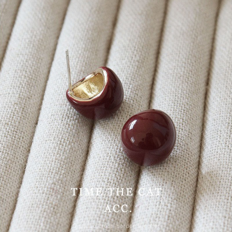 港风复古小豆豆耳环银针珐琅耳钉酒红色气质小众高级感美拉德耳饰