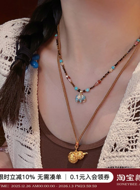 蜜蜂妈原创双面手绘小象吊坠项链