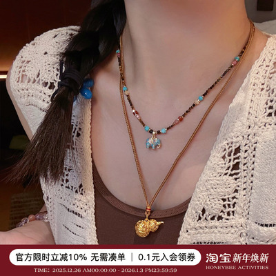 蜜蜂妈原创双面手绘小象吊坠项链