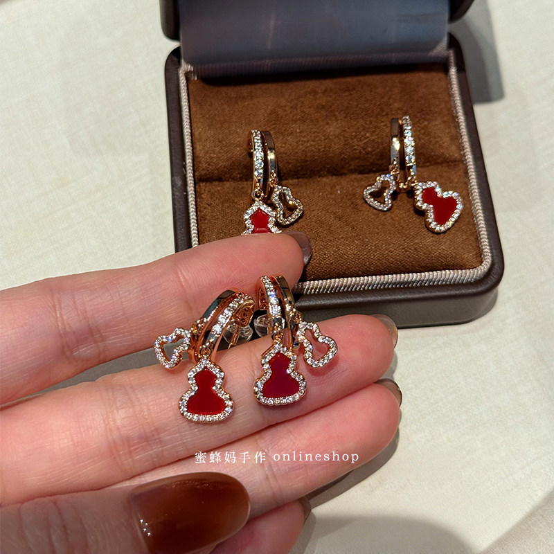 蜜蜂妈手作 天然红玉髓双葫芦耳环女小众设计气质红玛瑙高级耳饰