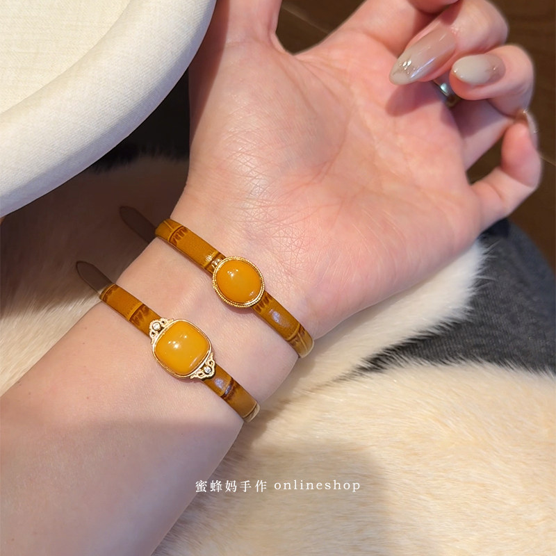 蜜蜂妈手作 天然蜜蜡方糖椭圆牛皮表带手环女小众设计感气质手链
